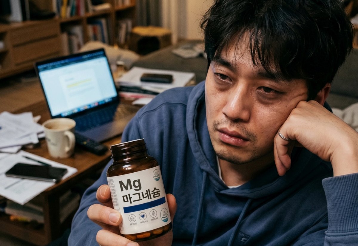 피곤한 표정으로 마그네슘 영양제 병을 들고 있는 남성