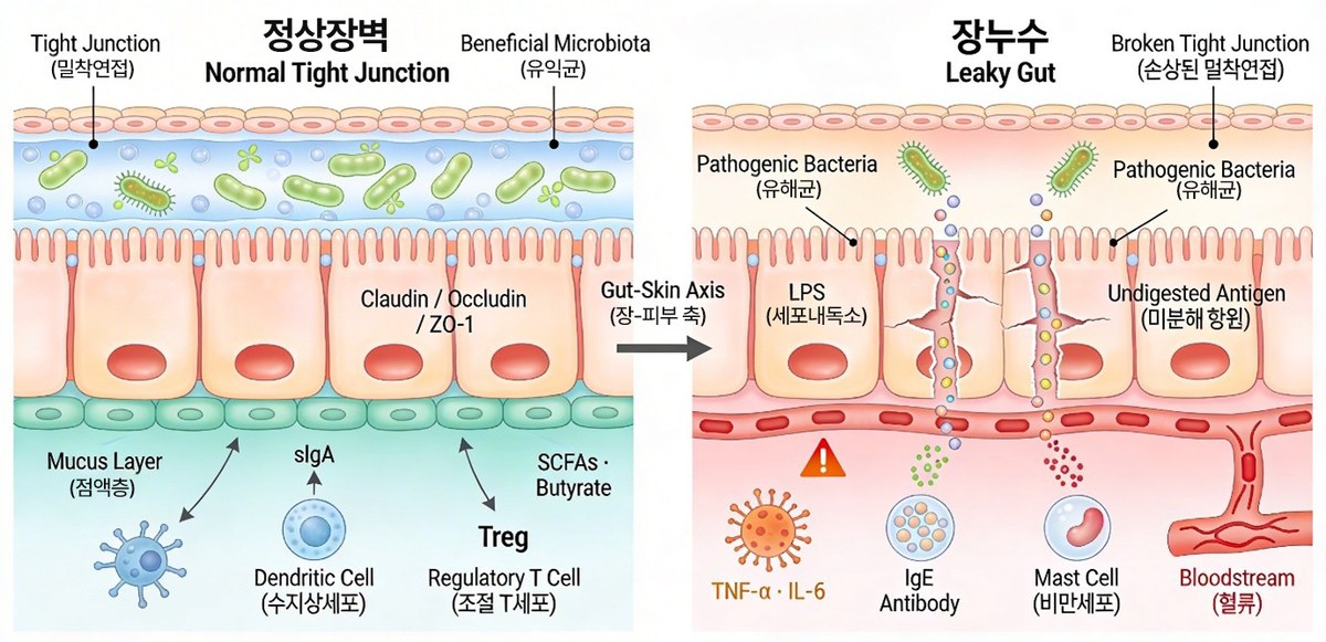 정상 장벽과 장누수 상태에서 면역 반응과 피부로 이어지는 경로를 비교한 그림