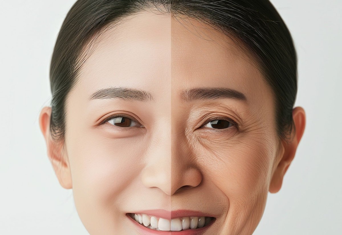 얼굴 절반의 피부 톤이 다른 미소 짓는 여성