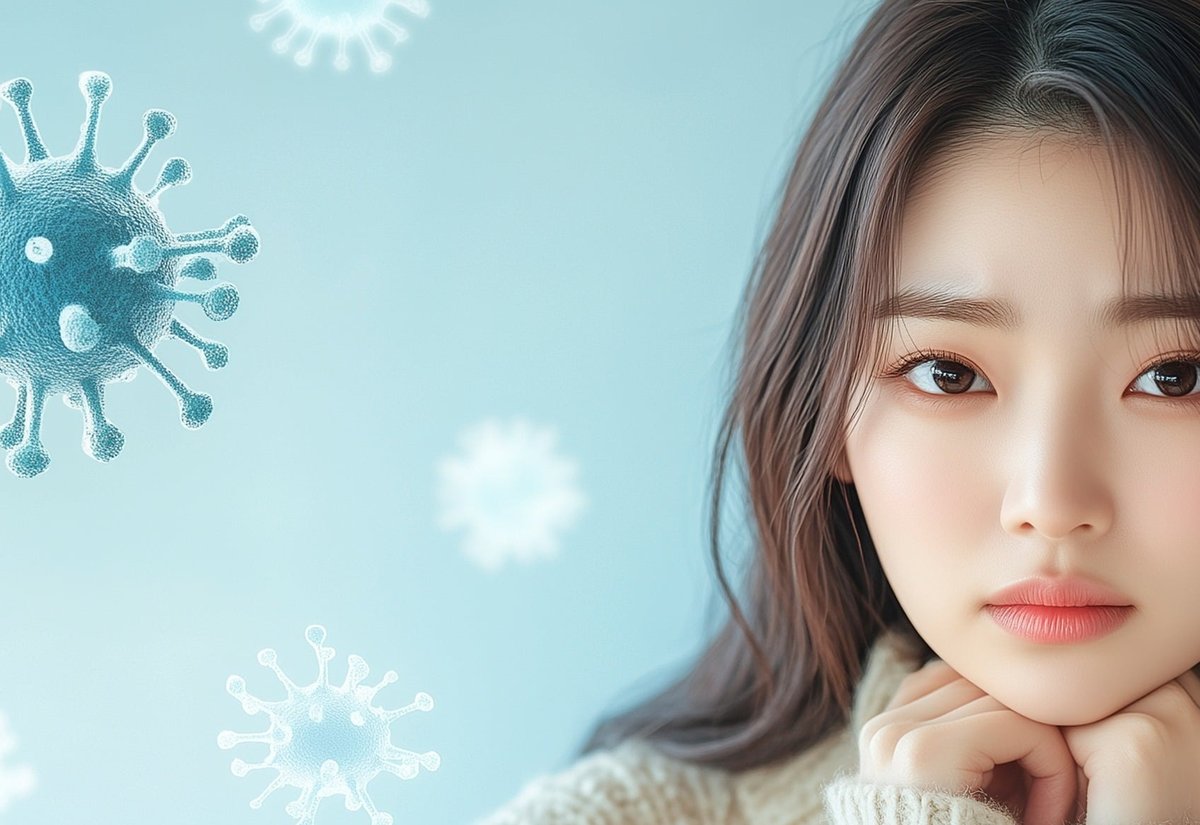 바이러스 일러스트를 배경으로 턱을 괴고 있는 여성
