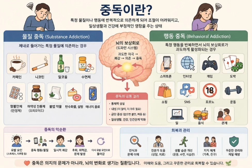 그림1. 중독의 종류, 악순환, 회복과 관리 (AI 생성 이미지)