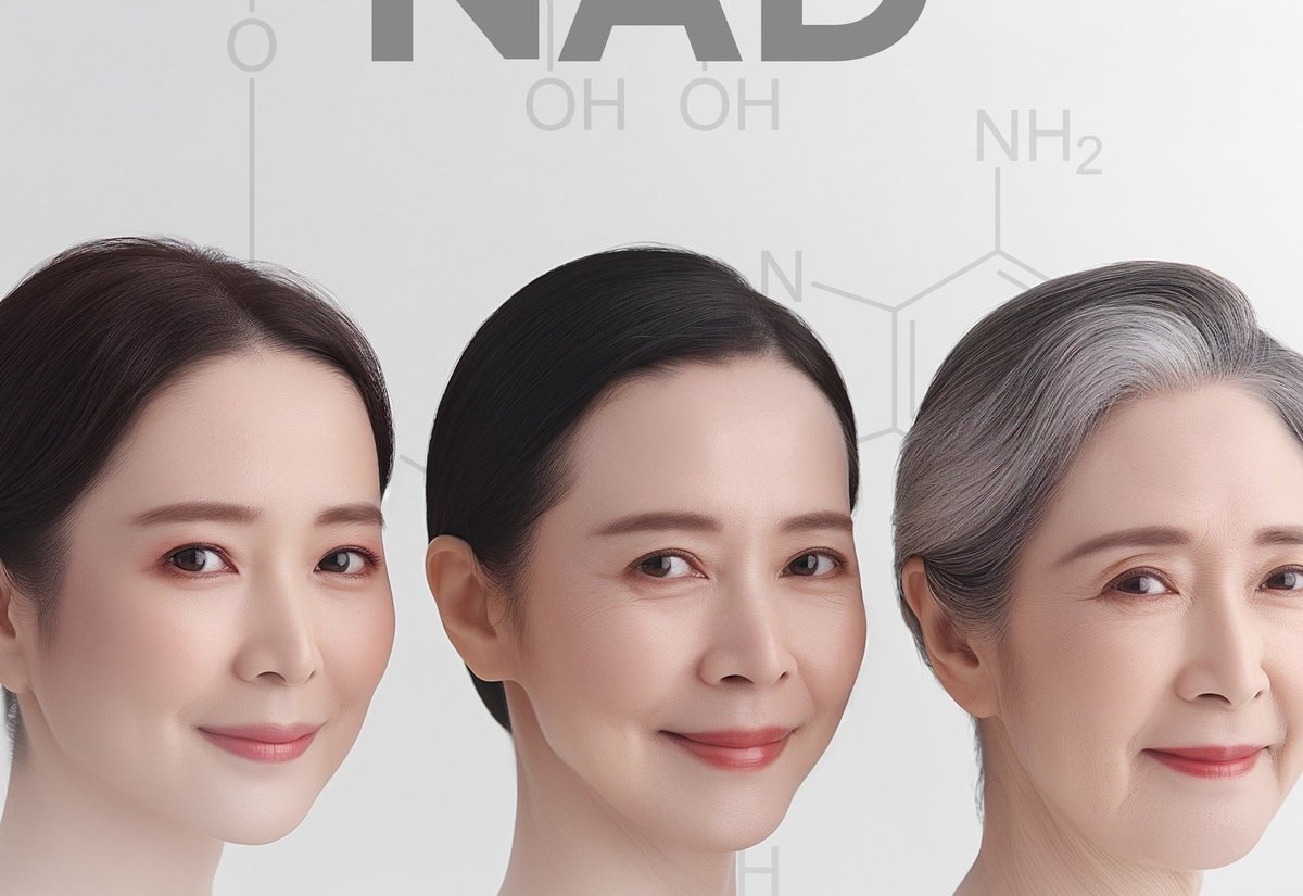 NAD⁺ 글자와 분자 구조식을 배경으로 나란히 선 연령대가 다른 세 여성의 얼굴