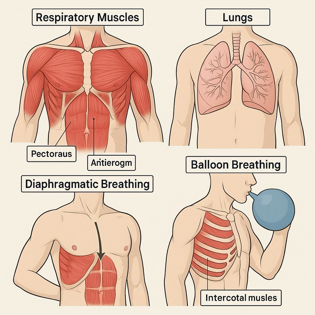 Respiratory Muscles, Lungs, Diaphragmatic Breathing, Balloon Breathing 네 칸으로 호흡근·폐·복식호흡·풍선 호흡을 나타낸 해부 일러스트