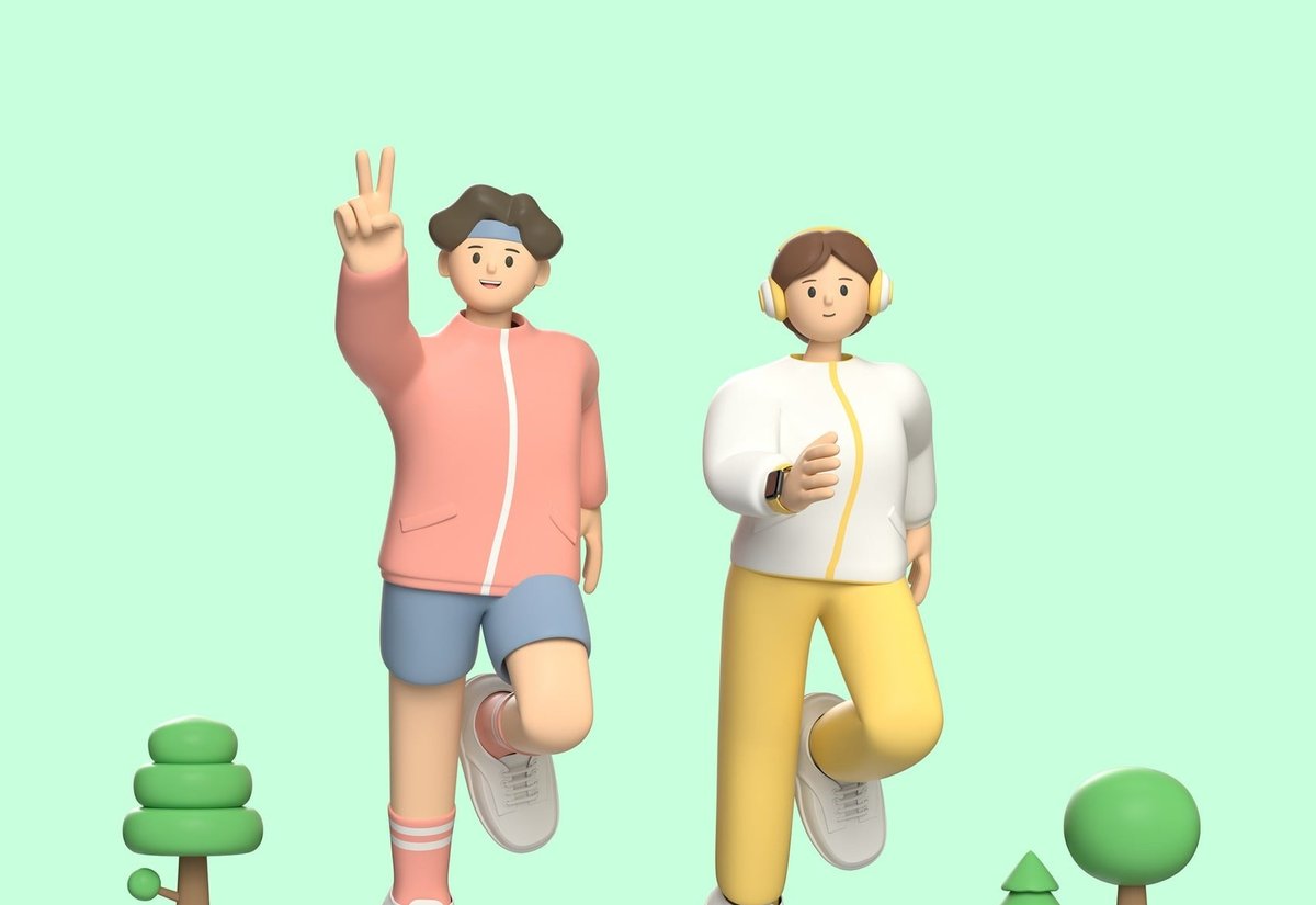 나무 모형 사이에서 한쪽 무릎을 들고 걷는 두 3D 캐릭터, 한 명은 브이 자를 그리고 다른 한 명은 헤드폰을 쓴 모습