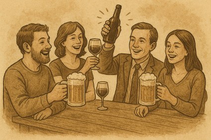 탁자에 둘러앉아 맥주잔과 와인잔을 들고 웃는 네 사람을 그린 일러스트