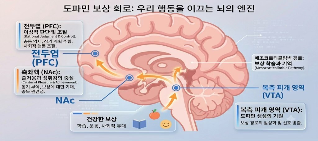 '도파민 보상 회로: 우리 행동을 이끄는 뇌의 엔진' 제목과 함께 뇌 단면에 전두엽(PFC)·측좌핵(NAc)·복측 피개 영역(VTA)과 메조코르티코림빅 경로, 건강한 보상(학습, 운동, 사회적 유대)을 표시한 도식