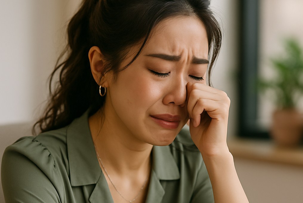 눈물을 흘리며 손으로 눈가를 훔치는 여성