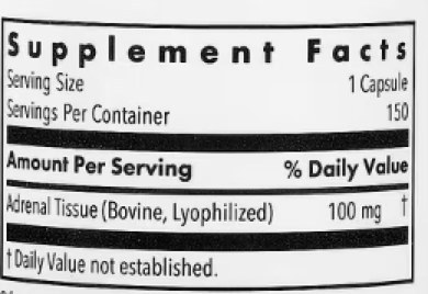 Adrenal Tissue (Bovine, Lyophilized) 100 mg가 적힌 Supplement Facts 성분표