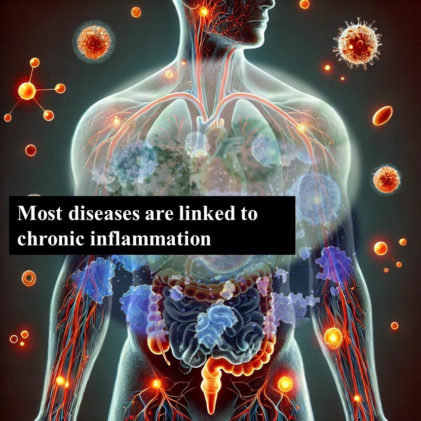 반투명한 인체 일러스트 위에 Most diseases are linked to chronic inflammation 문구가 적힌 그림