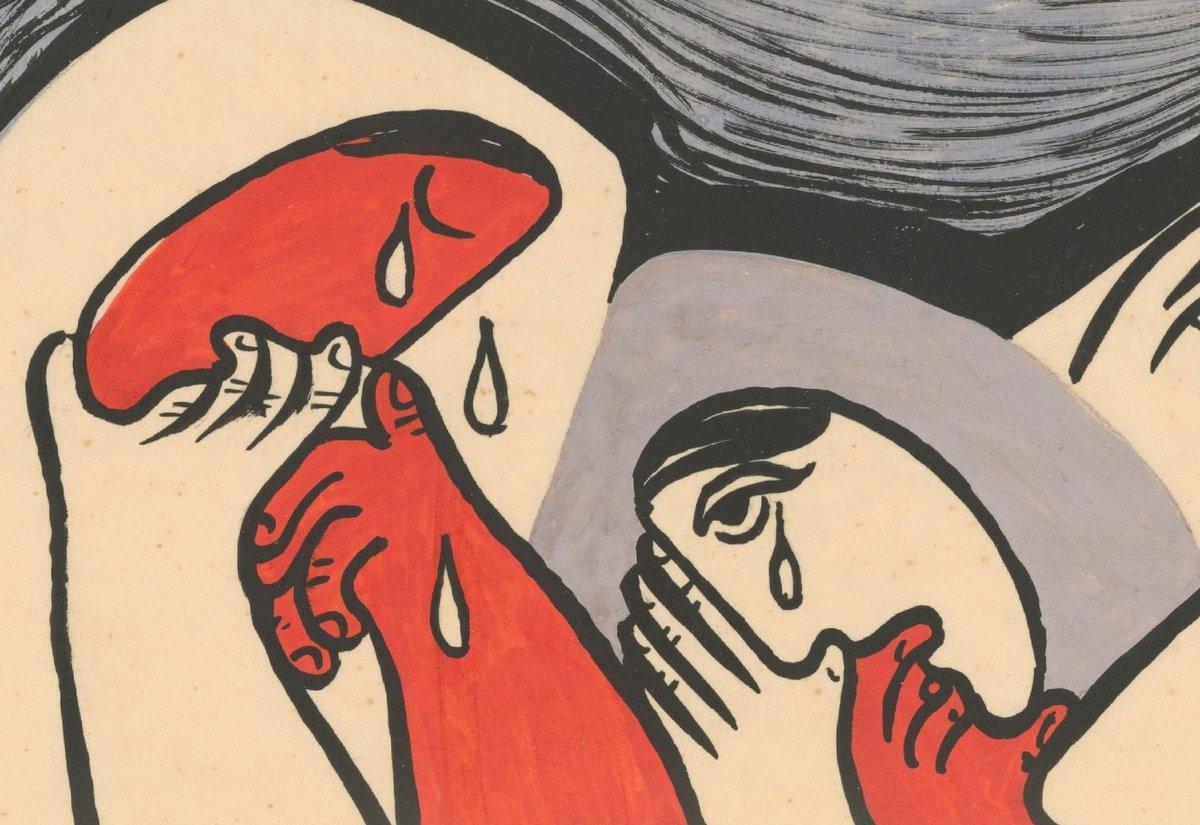 눈물을 흘리며 얼굴을 감싼 두 인물을 붉은색과 검은 선으로 그린 그림