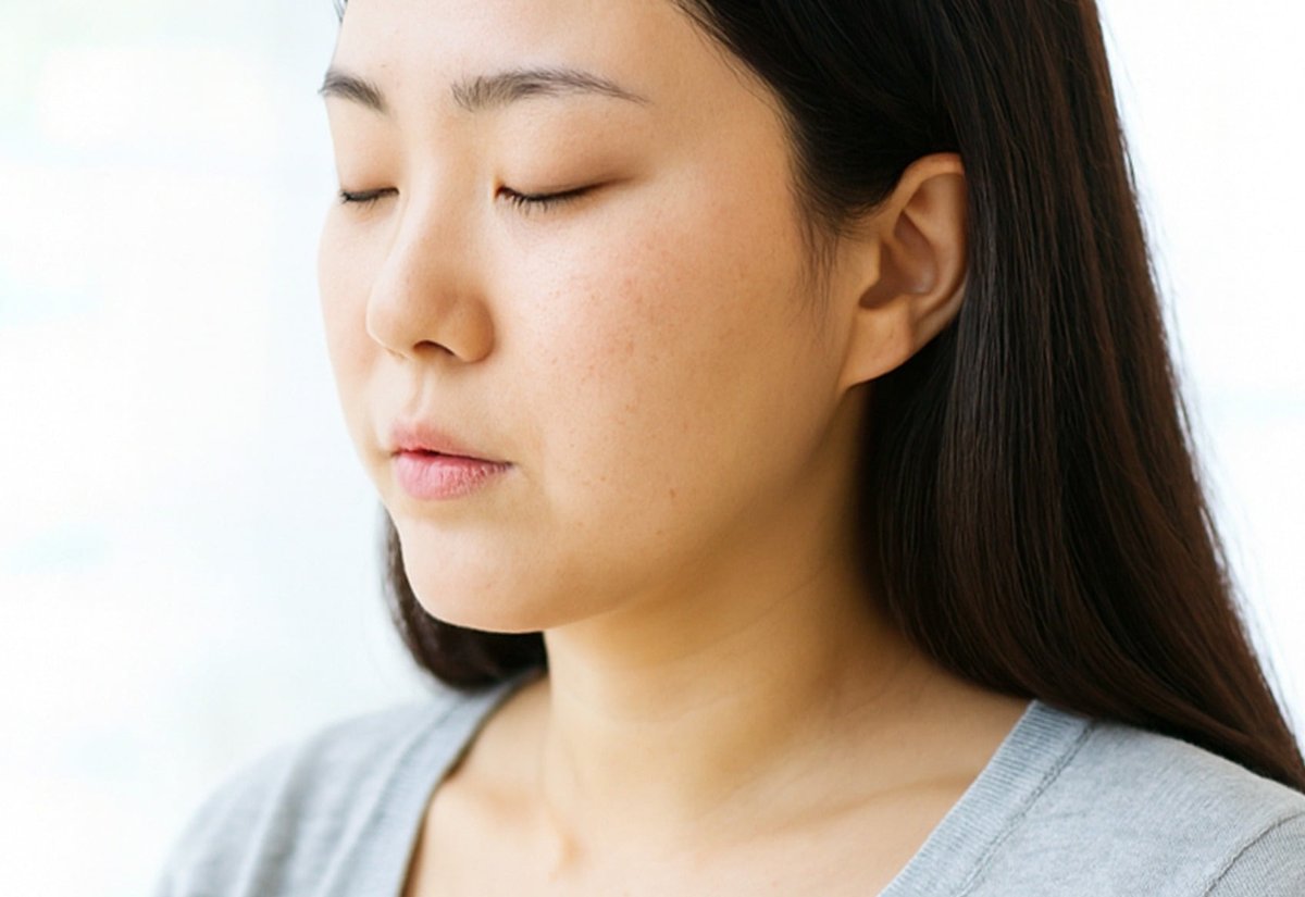 회색 카디건을 입고 눈을 감은 채 숨을 고르는 여성