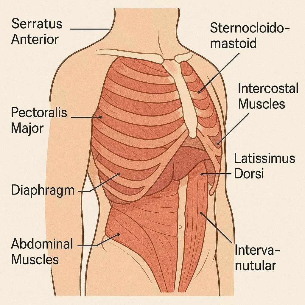 Serratus Anterior, Sternocleidomastoid, Pectoralis Major, Intercostal Muscles, Diaphragm, Latissimus Dorsi, Abdominal Muscles 등 호흡에 관여하는 근육 이름을 표시한 상체 해부 일러스트