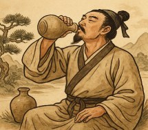 소나무 아래 앉아 호리병을 들고 마시는 옛 차림의 남성을 그린 일러스트