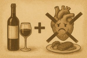 와인병과 와인잔, 더하기 기호, X 표시가 된 찡그린 심장과 고기 접시를 그린 일러스트