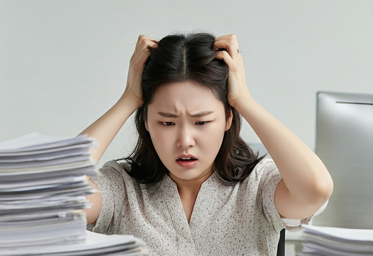서류 더미 사이 책상에서 두 손으로 머리를 감싸 쥔 여성