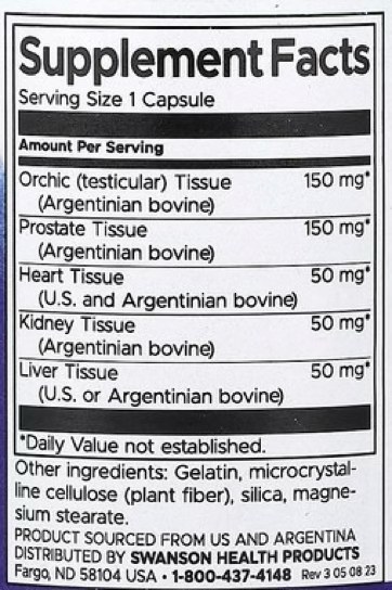 Orchic, Prostate, Heart, Kidney, Liver Tissue (Argentinian bovine)가 적힌 Supplement Facts 성분표