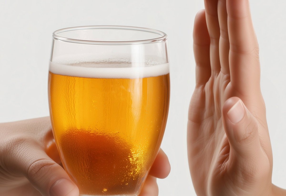 맥주가 담긴 잔을 내미는 손과 이를 막듯 손바닥을 세운 다른 손